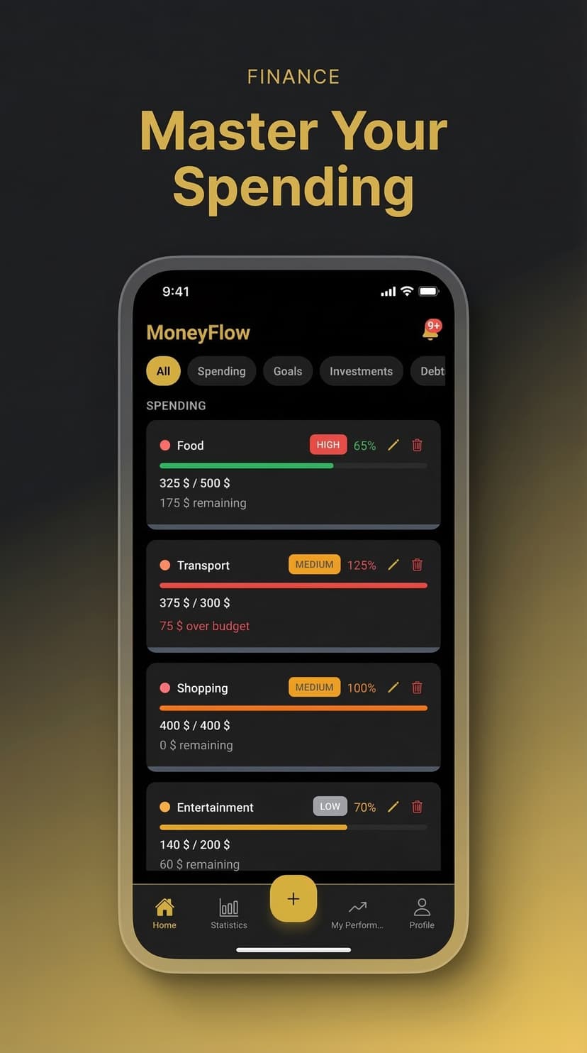 MoneyFlow home screen showing spending categories with budget tracking