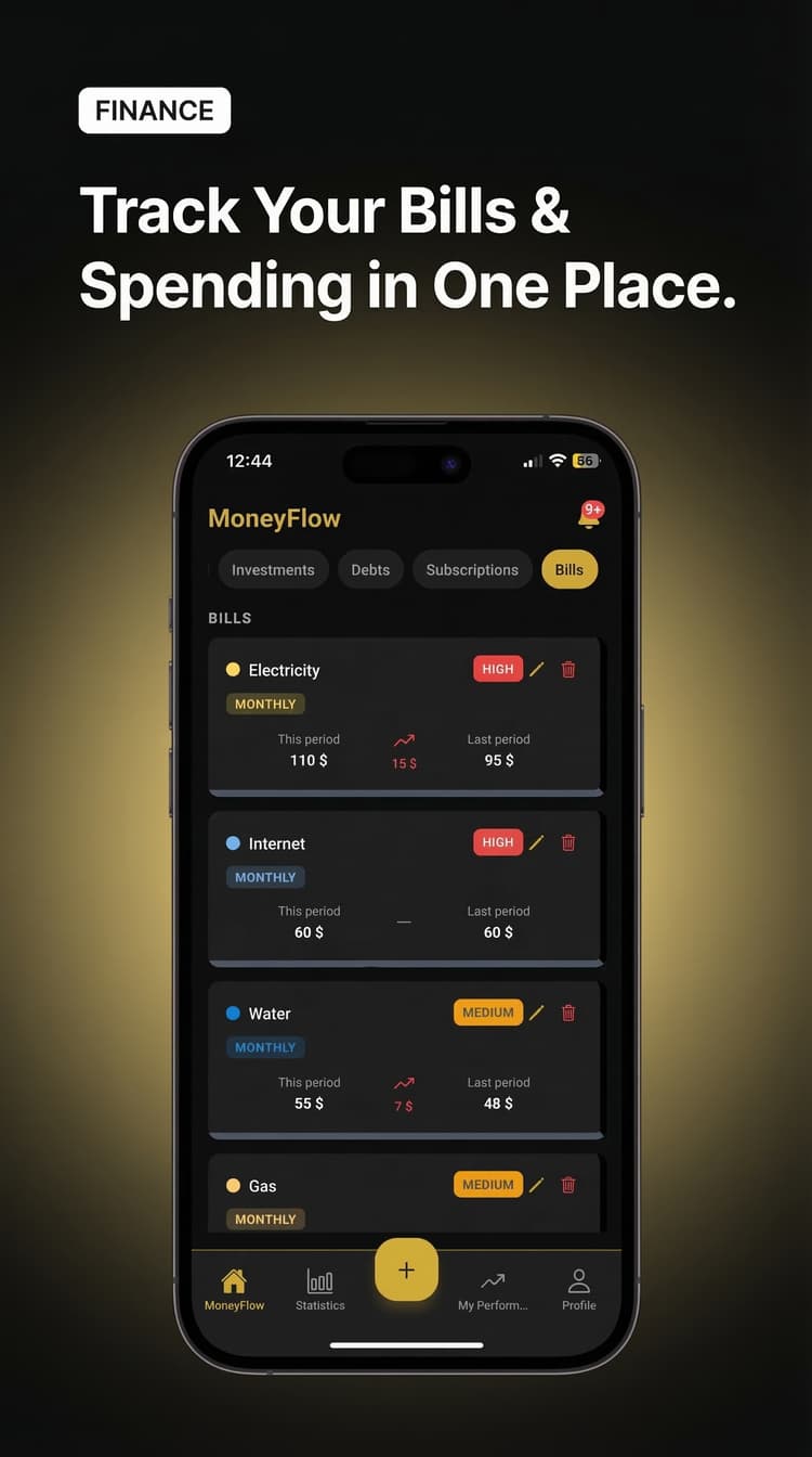MoneyFlow bills tracking screen showing this period vs last period